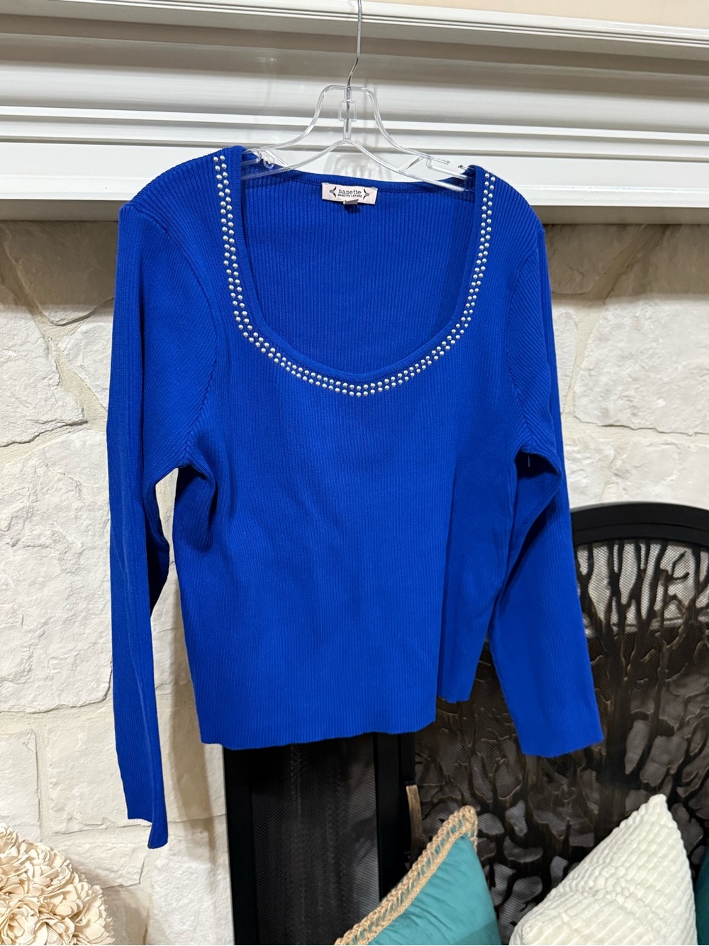 NWOT Nanette Lepore Royal Blue Long Sleeve Scoop Neck Top with Silver Trim